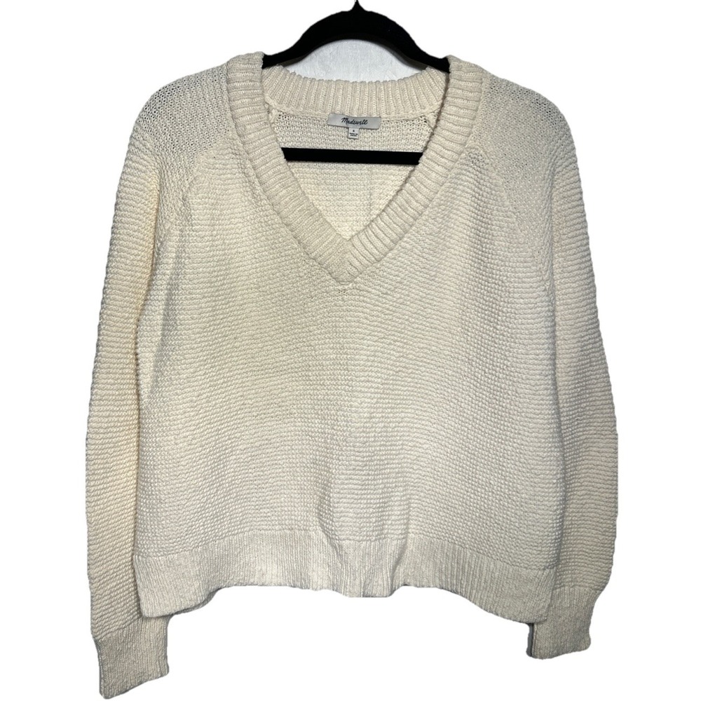 Madewell Arden V-Neck Crop Pullover Sweater Loose Knit Cotton Ivory Sz Small
